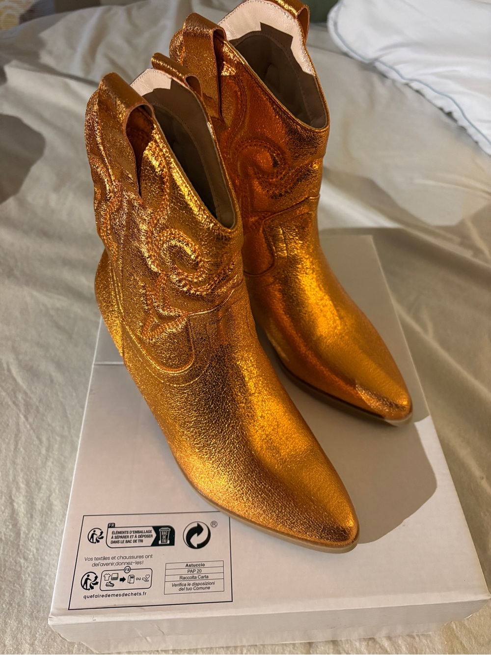 Metallic Orange Western Ankle Boots - Women's Fashion Boots